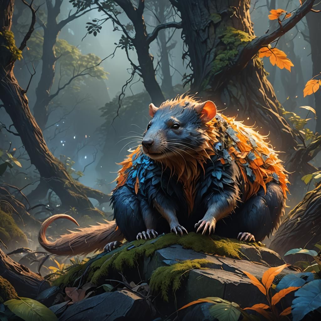 Bear-Rat Struggles Against Wind in Mystical Forest