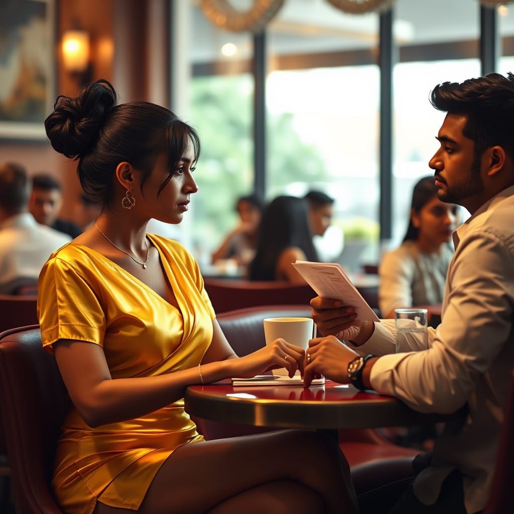 Stunning Indian Woman in Yellow Silk at Restaurant