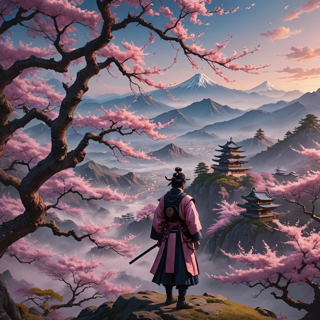 Samurai Under Cherry Tree: Digital Matte Painting