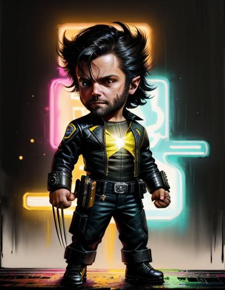 Chibi Wolverine in Neon Bar, Mixed-Media Illustration