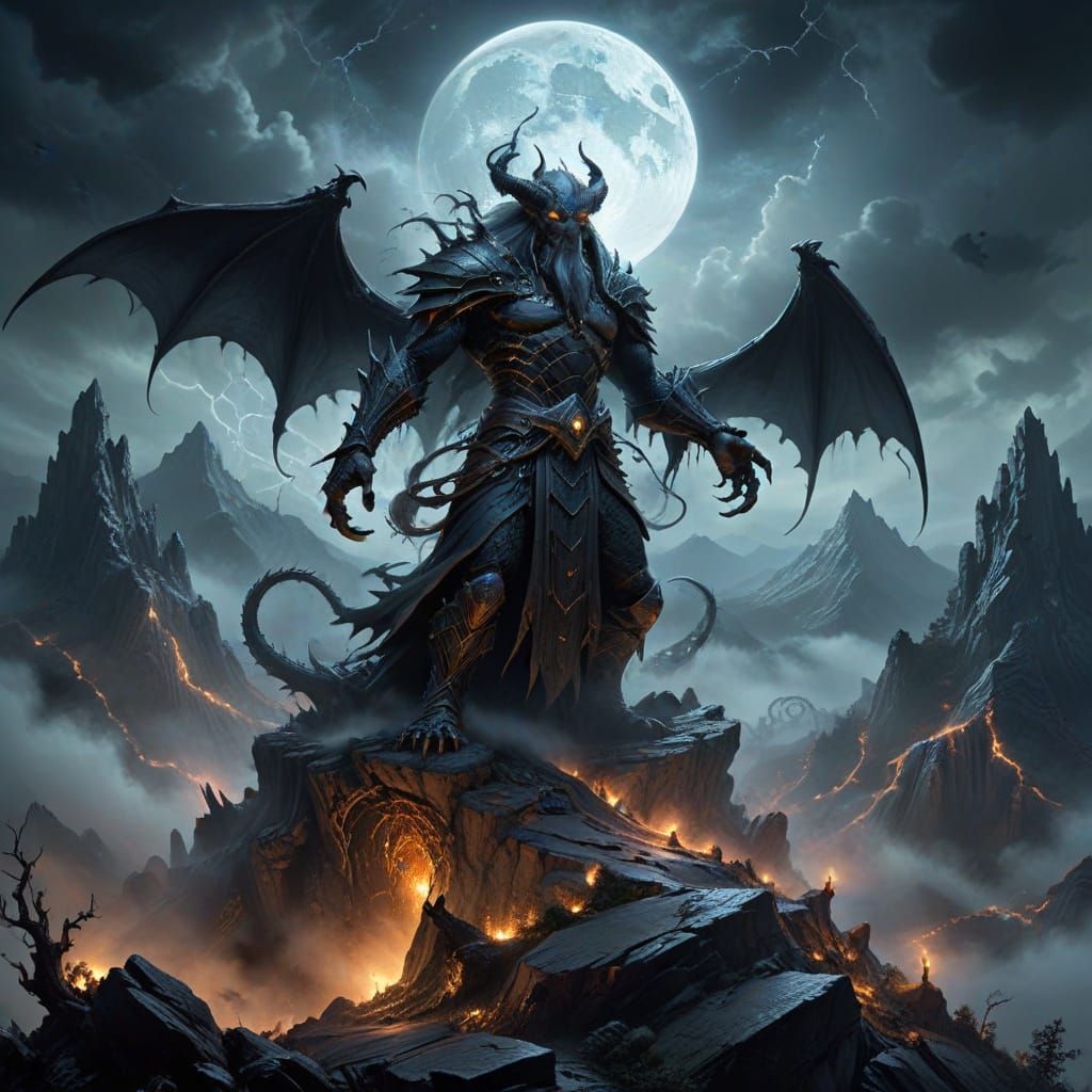 Old Wizard Conjures Energy on Mountain in Dark Fantasy Style