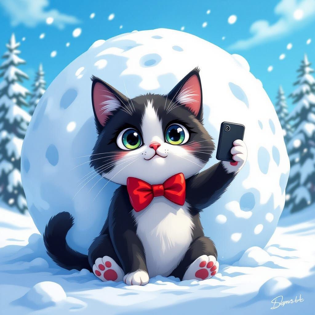 Tuxedo Cat's Surprised Selfie in Winter Wonderland