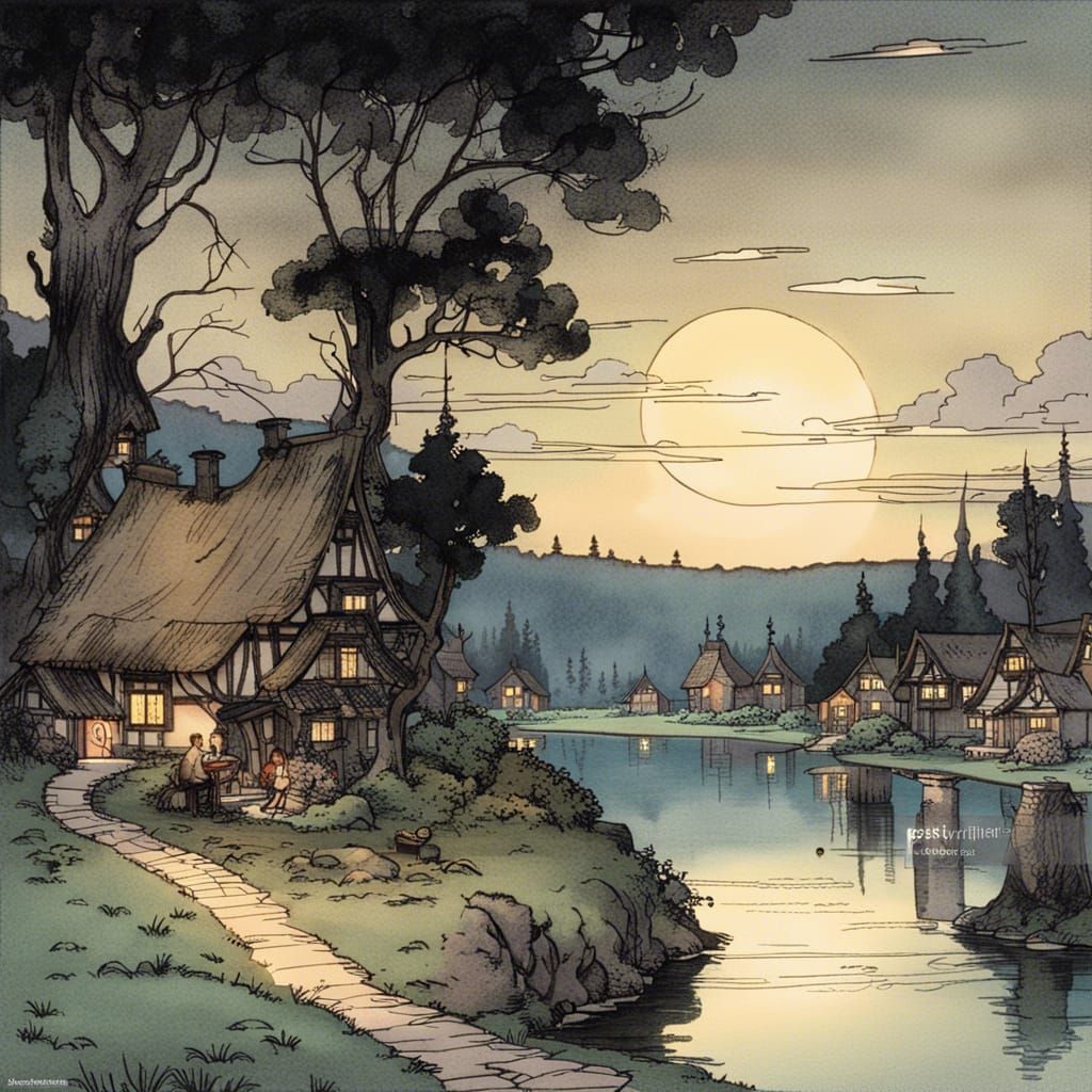Enchanting Village in Fairy Forest at Nightfall