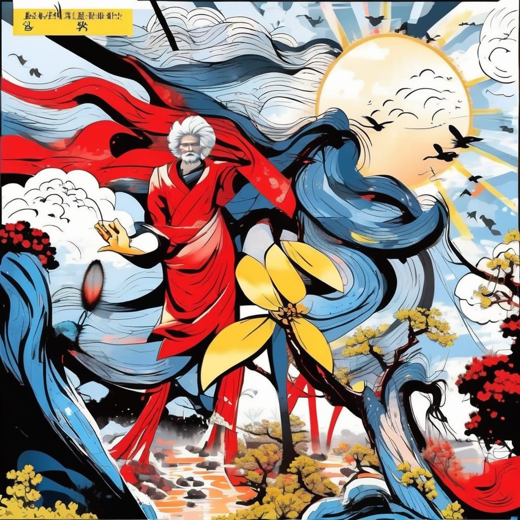 Old Tree Ink Painting with Red Sun and Space Clouds