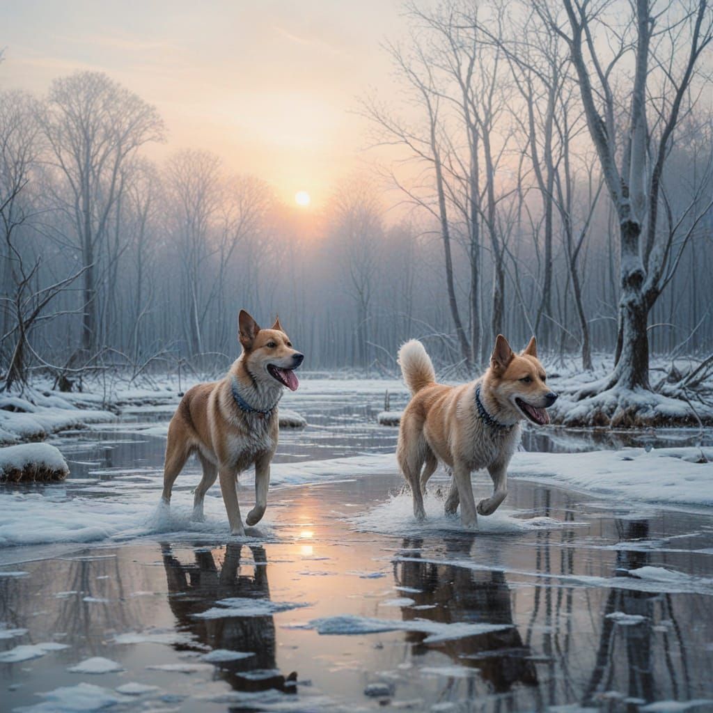 Surreal Winter Wonderland with One-Legged Dogs in Vibrant Wa...