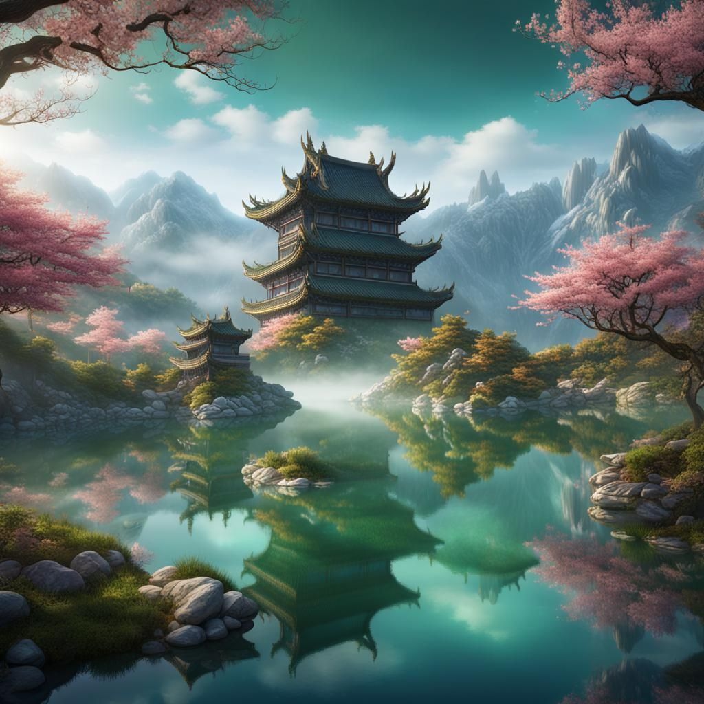 Chinese Dragon Over Mystical Lake Landscape