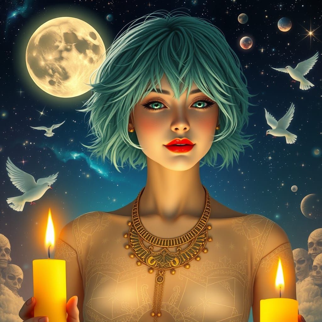 Cosmic Goddess in Seafoam Green Locks, Illuminated by Golden...