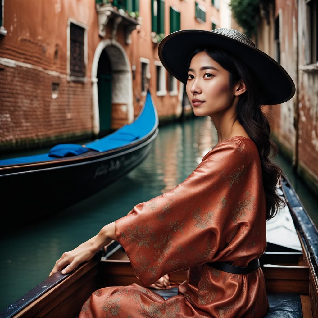 Beautiful Woman in Gondola, Hyperrealistic Portrait