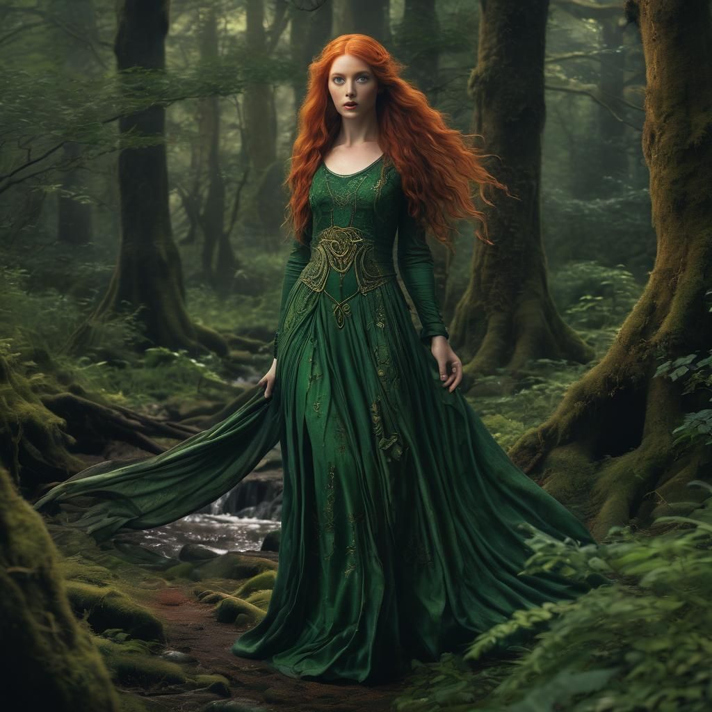 Mystical Irish Lass in Forest: Folk Art Portrait