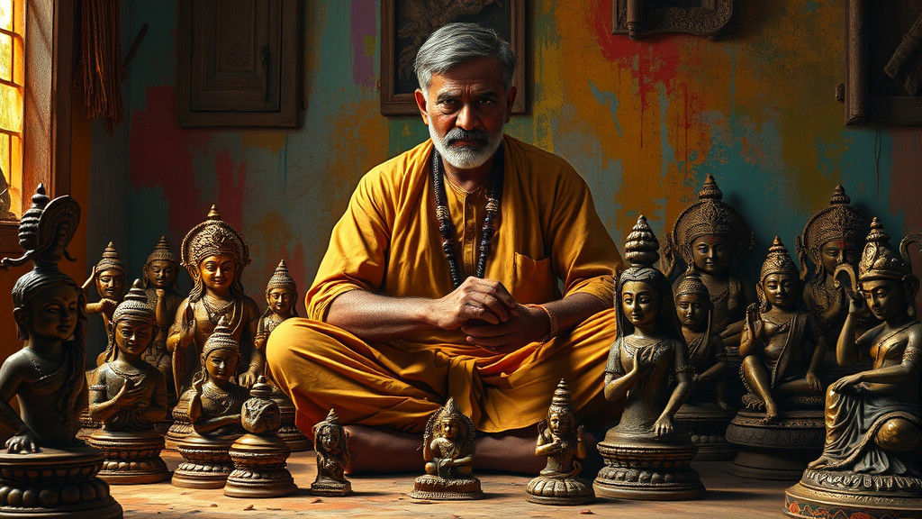 Indian Craftsman Weaving Art: Hyperrealistic Bronze Idols