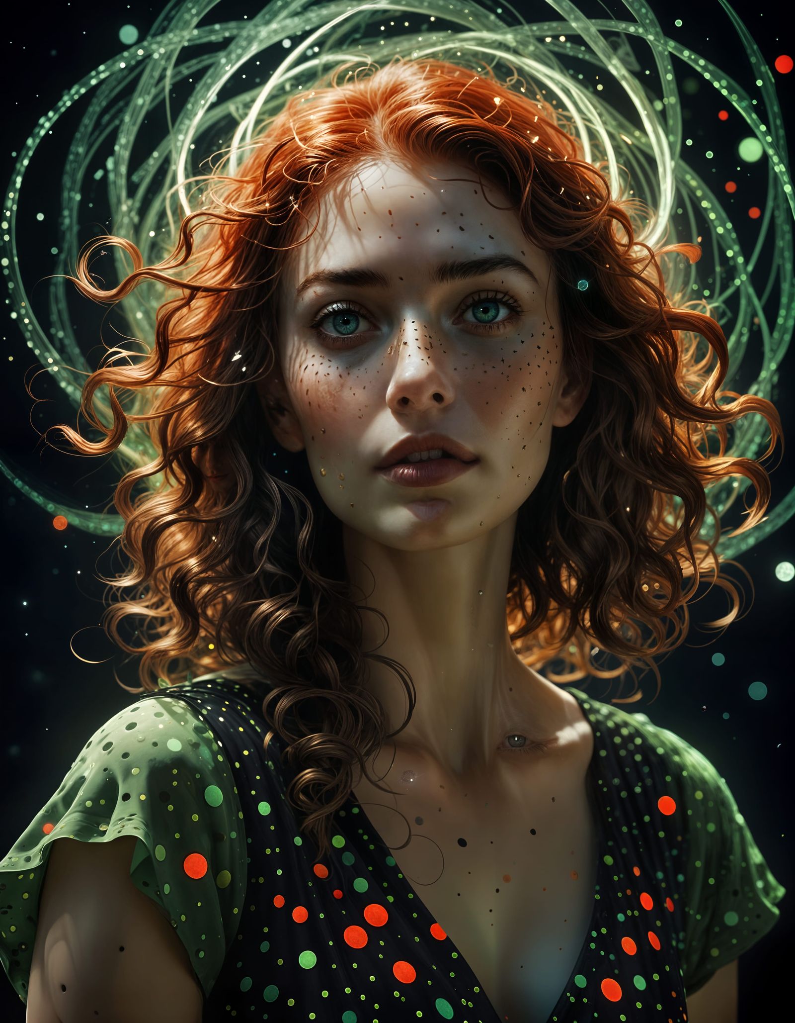 Surreal Redhead in Galactic Darkness: 3D Rembrandt Rendering