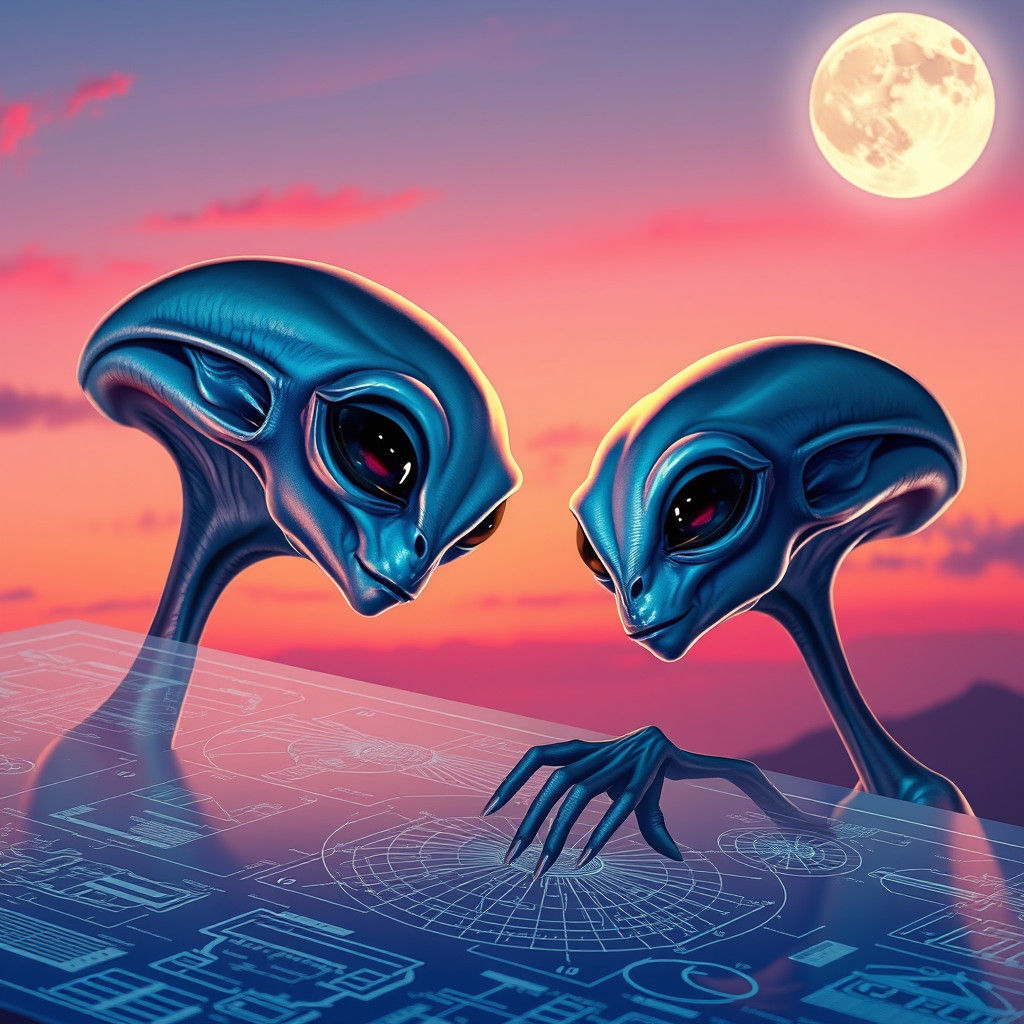 Aliens Study Blueprints Under Colorful Moon