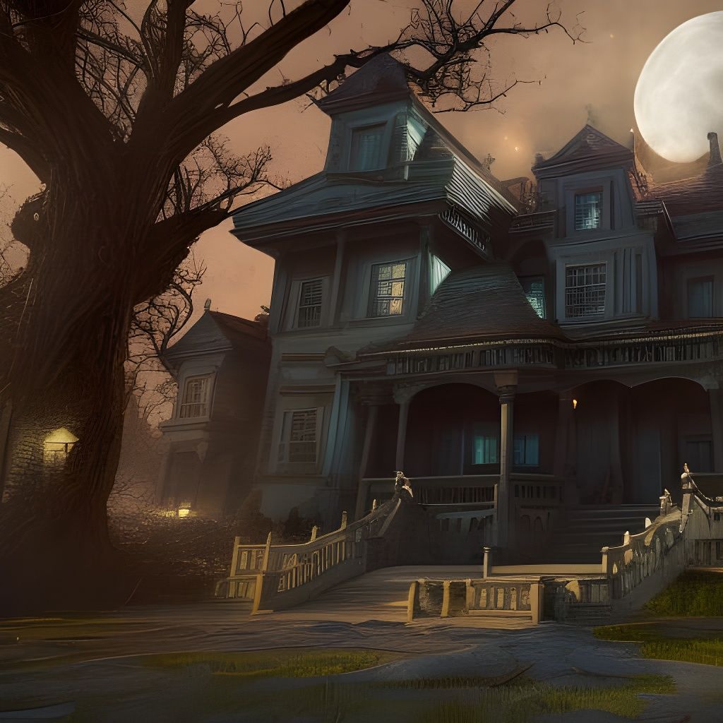Detailed Haunted House Matte Painting under Moon