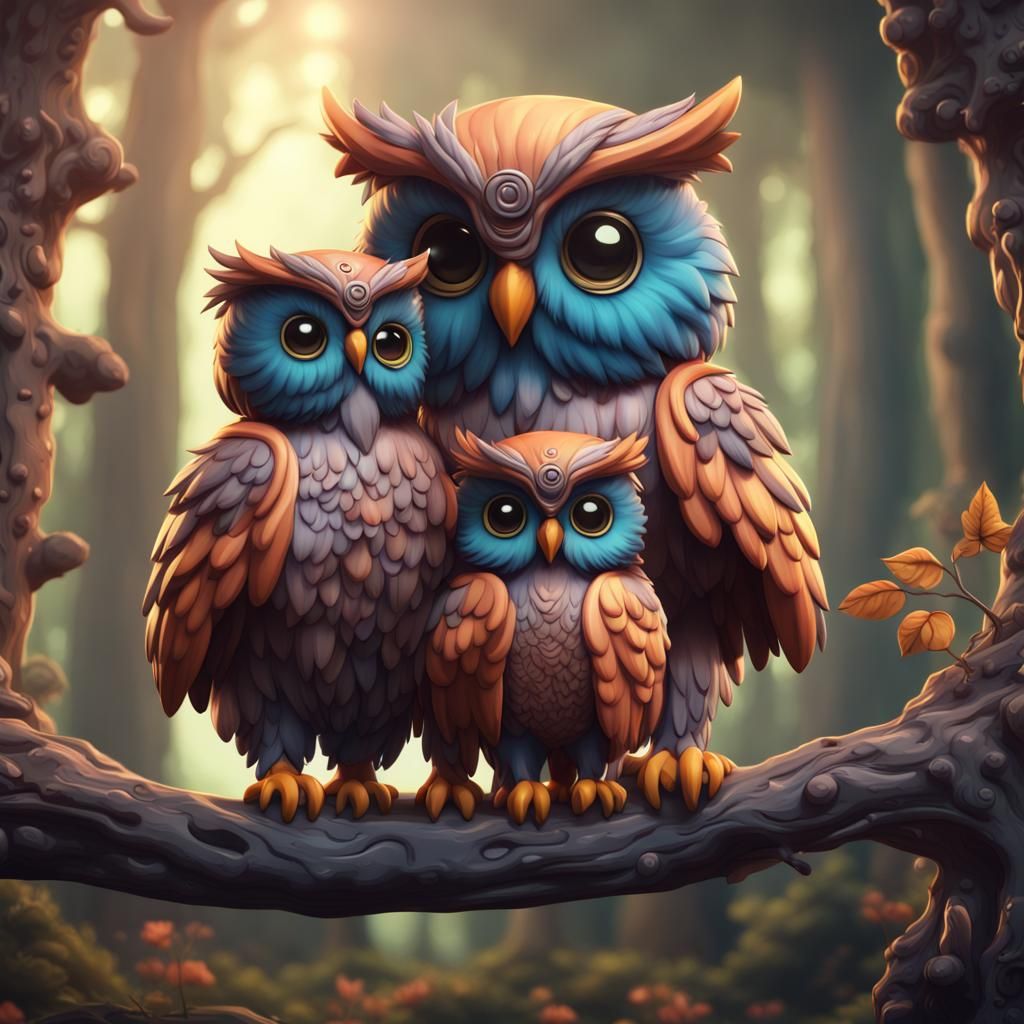 Chibi Owl Family: Detailed Matte Painting
