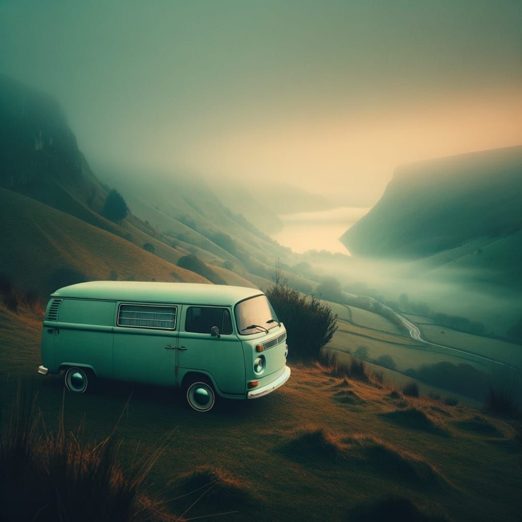 Vintage Van on Misty Hillside at Dusk