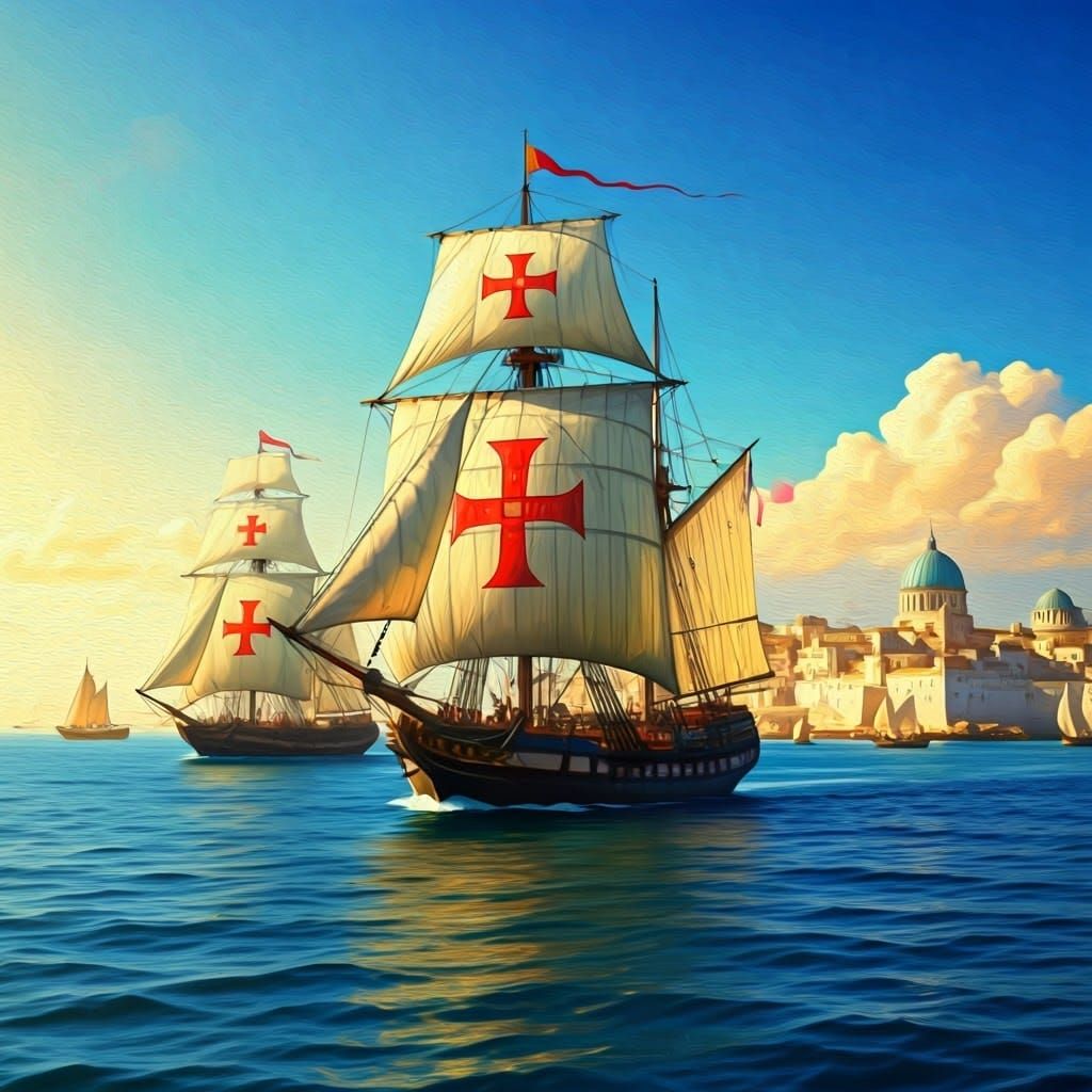 Portuguese Ships Sail to Calicut, Oil on Canvas