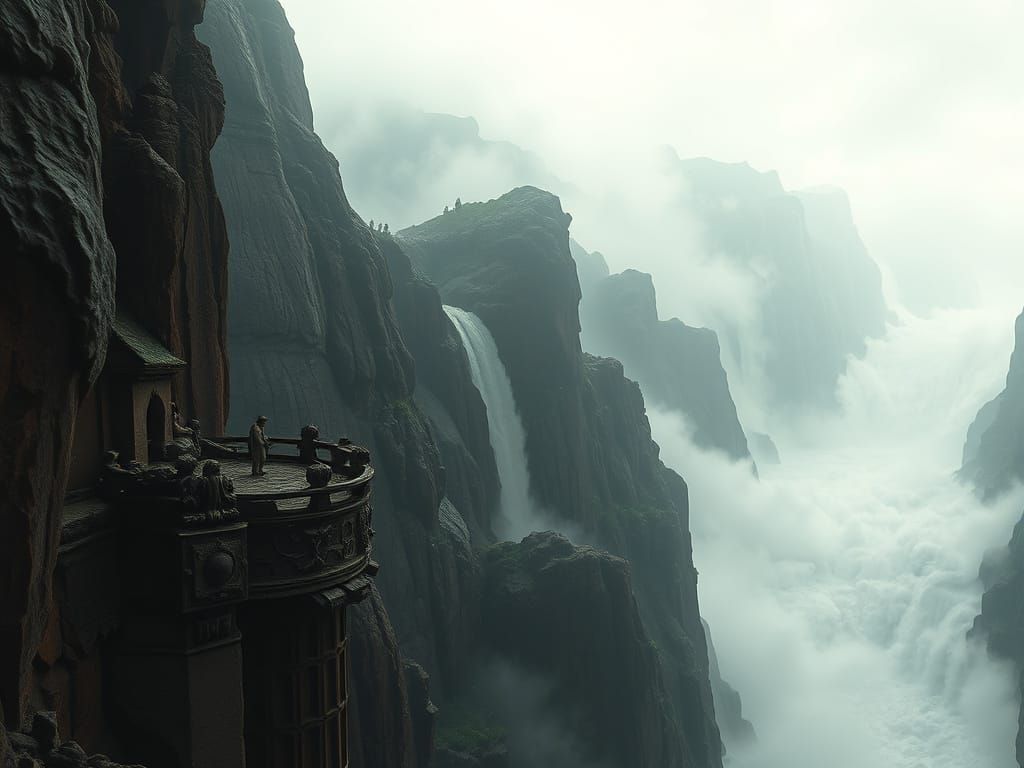 Figure on Cliff Overlooking River on Stormy Day