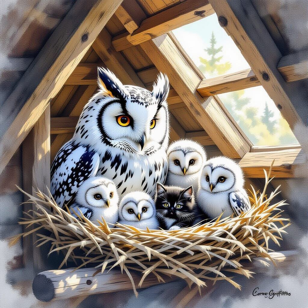 Mother Owl and Kitten in Cozy Fantasy Nest