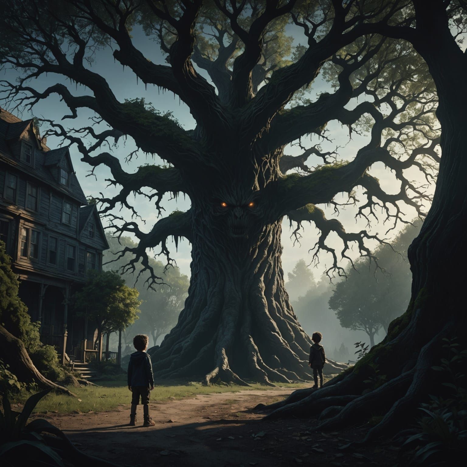 Ominous Tree and Shadow Monster, Dark Fantasy Art