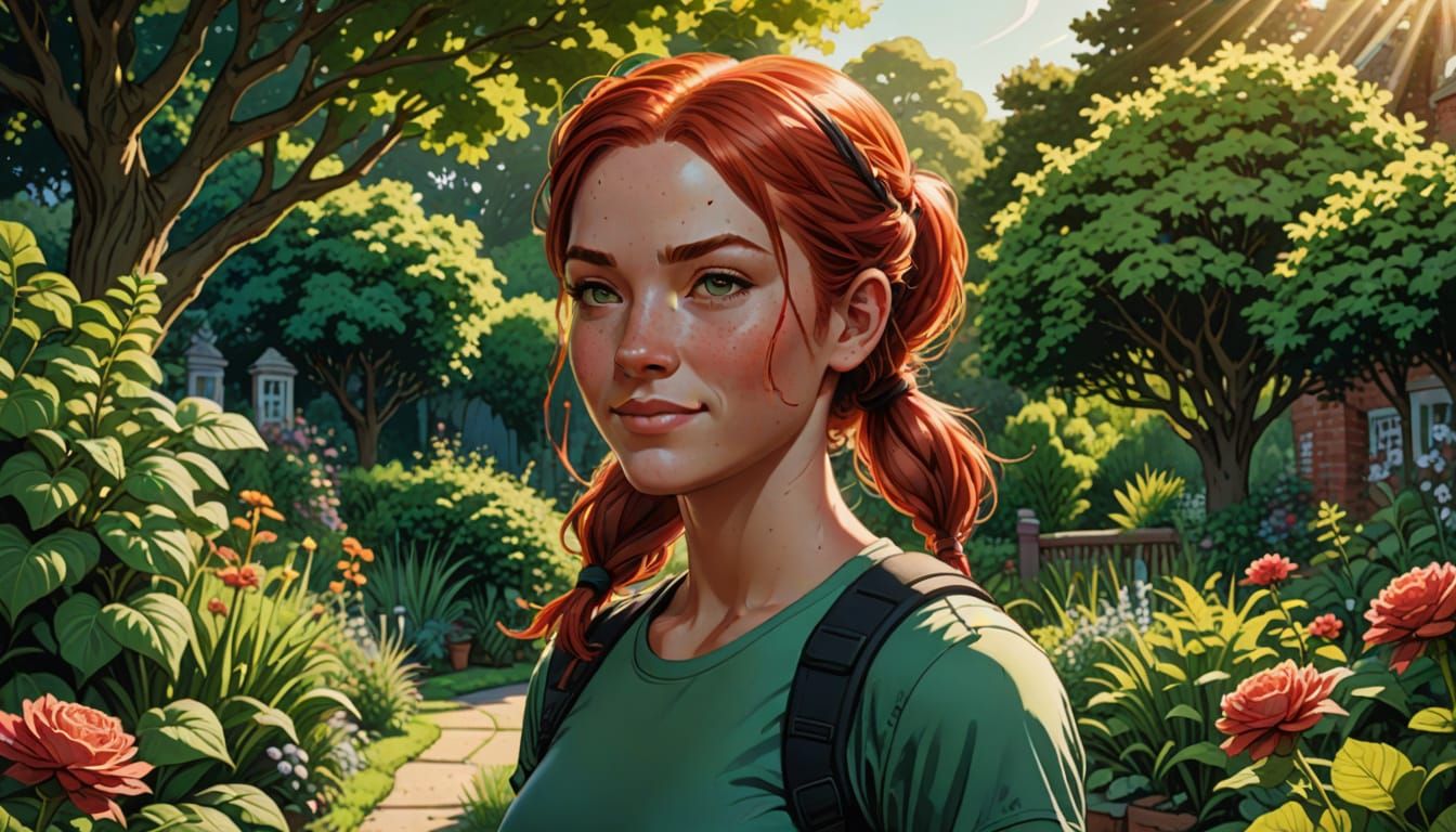 Red-Haired Woman in Garden, Comic Book Art Style