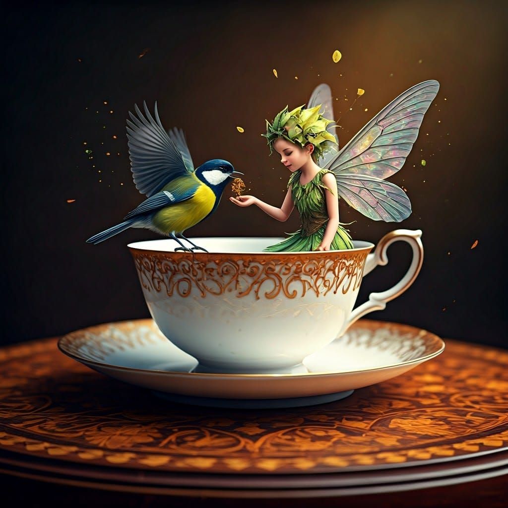 Fairy Feeds Titmice in Antique Teacup