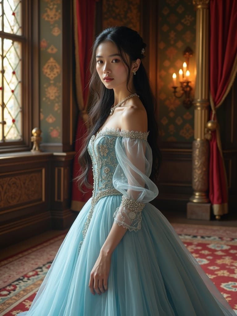 Noblewoman in Opulent Medieval Chamber, Hyperrealistic Digit...