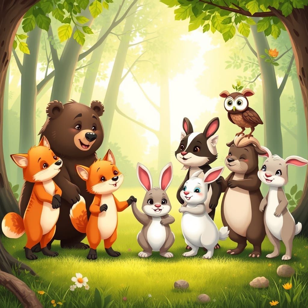 Adorable Animals Gather in Vibrant Forest Clearing