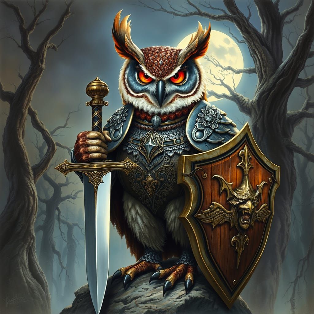 Majestic Owl Paladin in Moonlit Fantasy Landscape