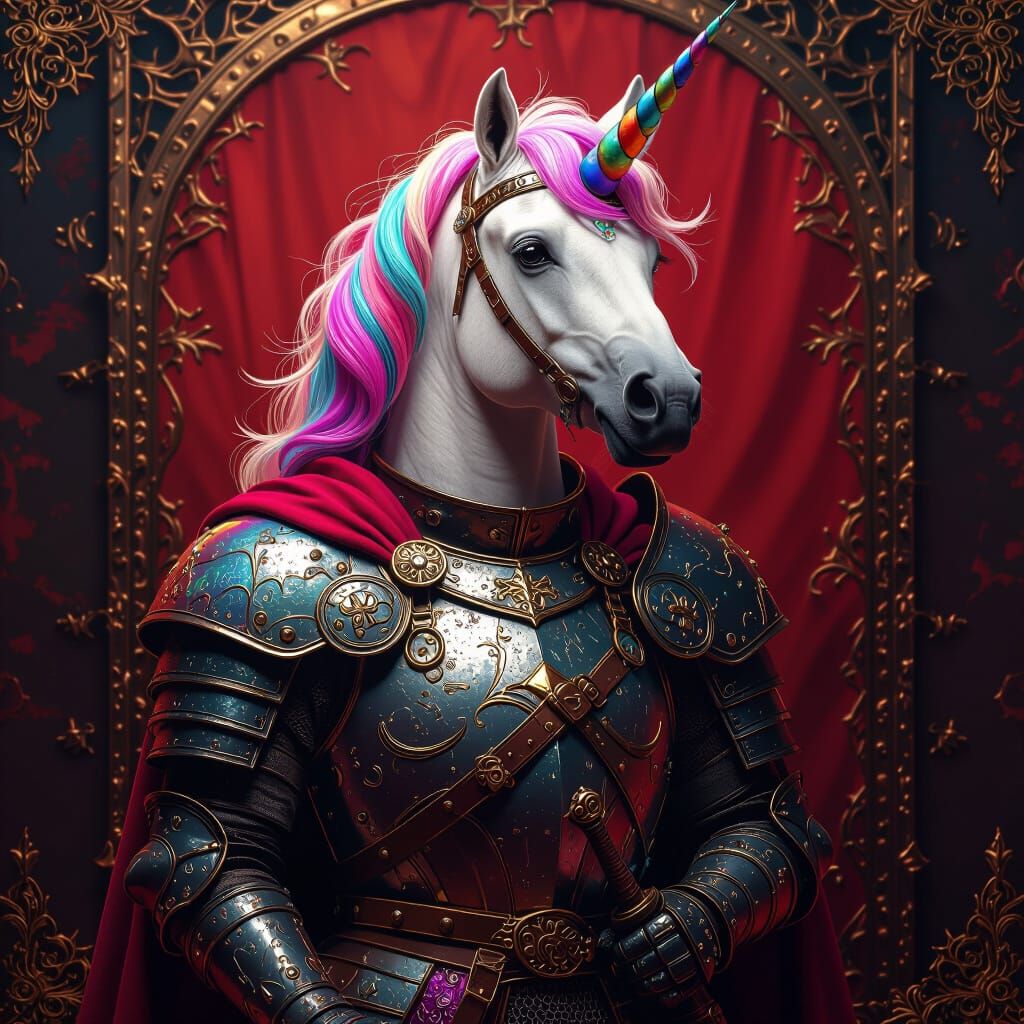 Happy Armored Unicorn Warrior in Matte Painting Style
