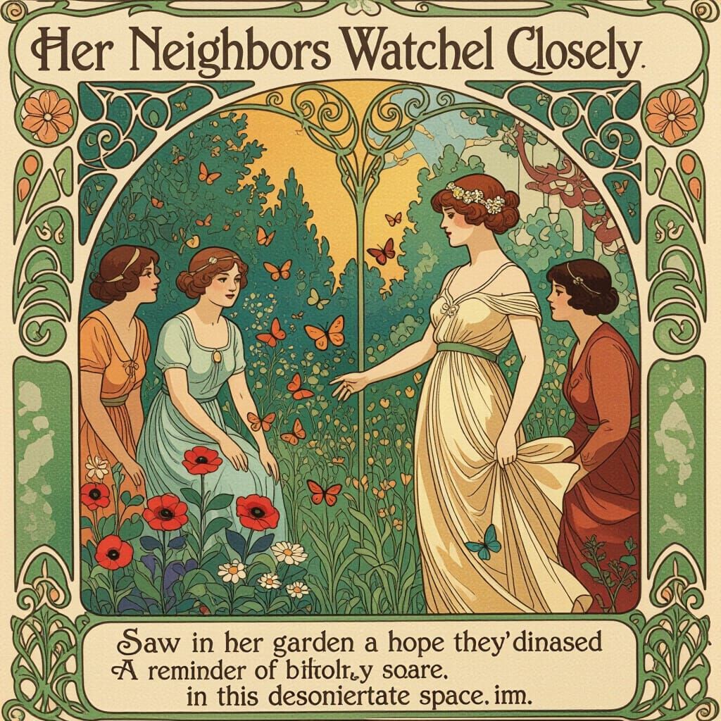 Art Nouveau Garden with Butterflies and Neighbors