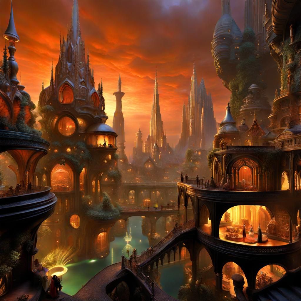 Fantasy City with Fairyland Heroine in Solarpunk Style