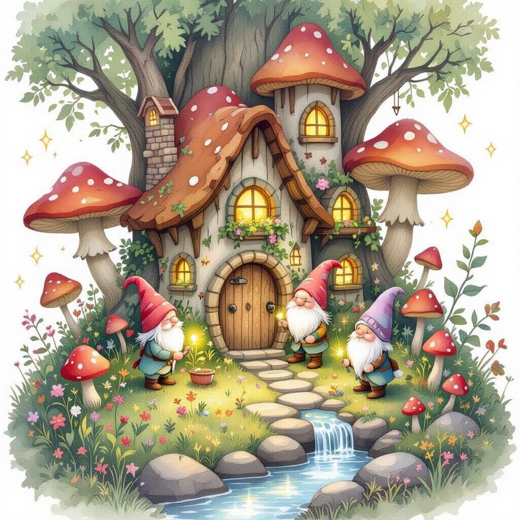 Gnome Village in Mushroom Forest, Watercolor Art