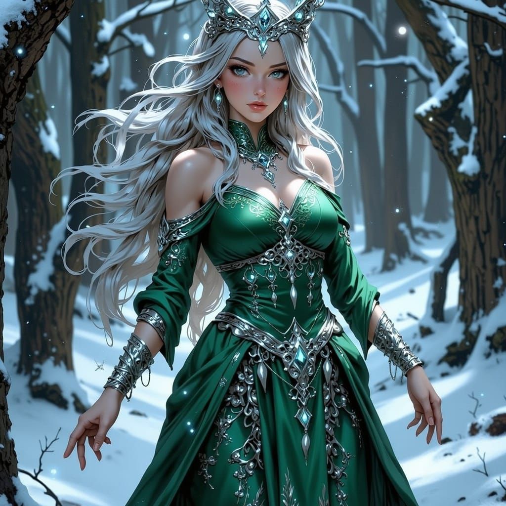 Enchanted Winter Goddess Amidst Sparkling Snow
