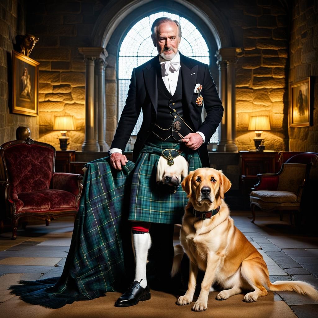 Wearing a Scottish kilt with his Labrador by his side