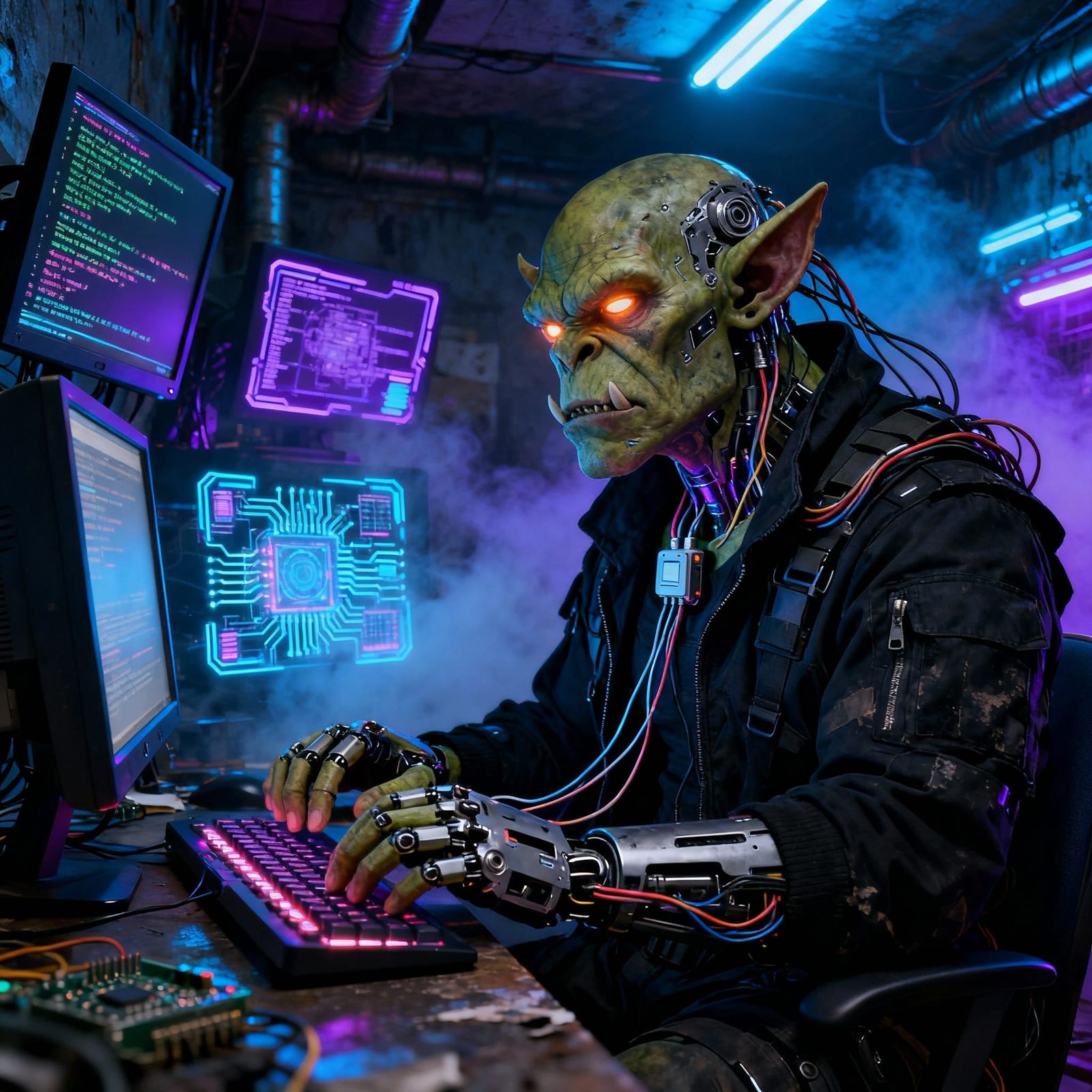 Cyberpunk Orc Netrunner Tensely Hacking Computers