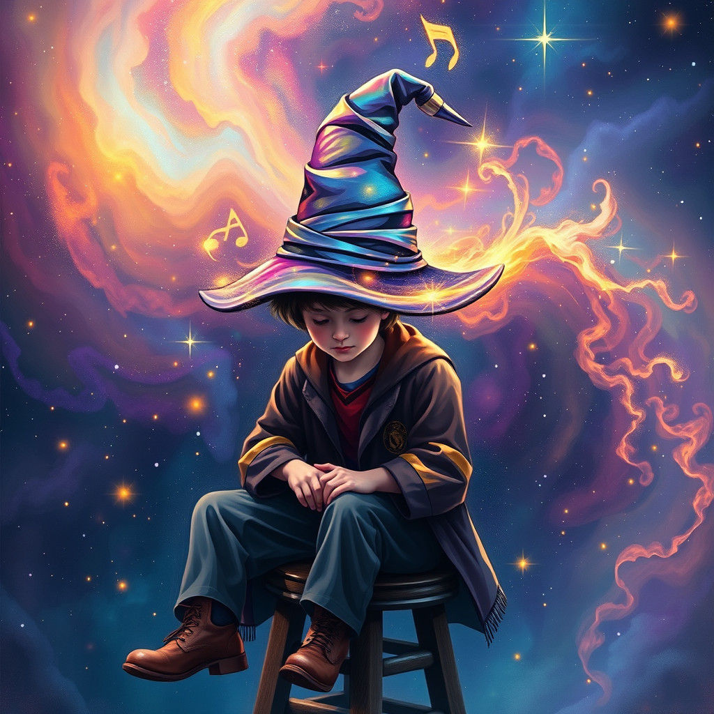Hogwarts Student Under Sorting Hat in Holographic Illustrati...