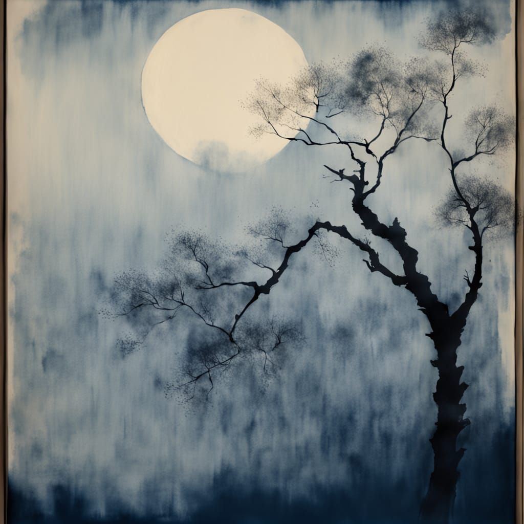 Sumi-e Moon Over Solitary Poplar Tree