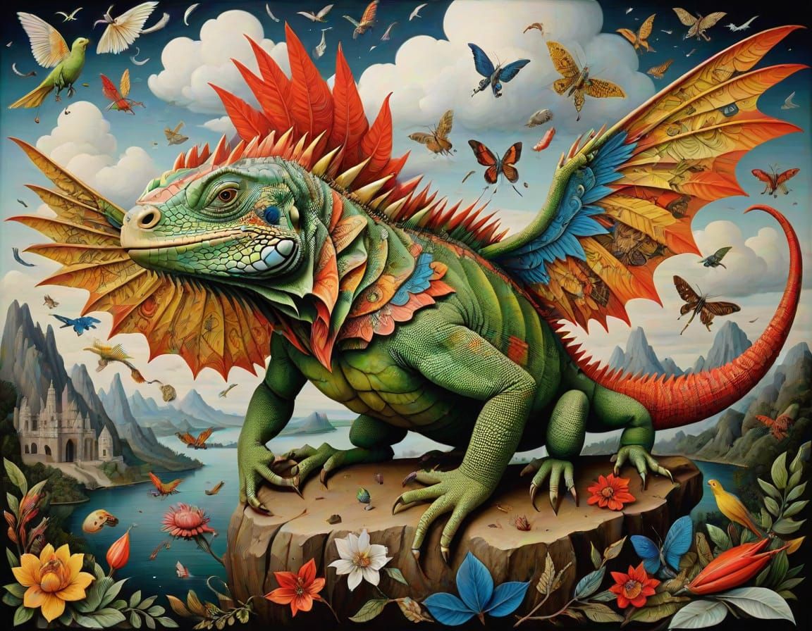 Surreal Flight to Star-Stained Heights: Oil Painting