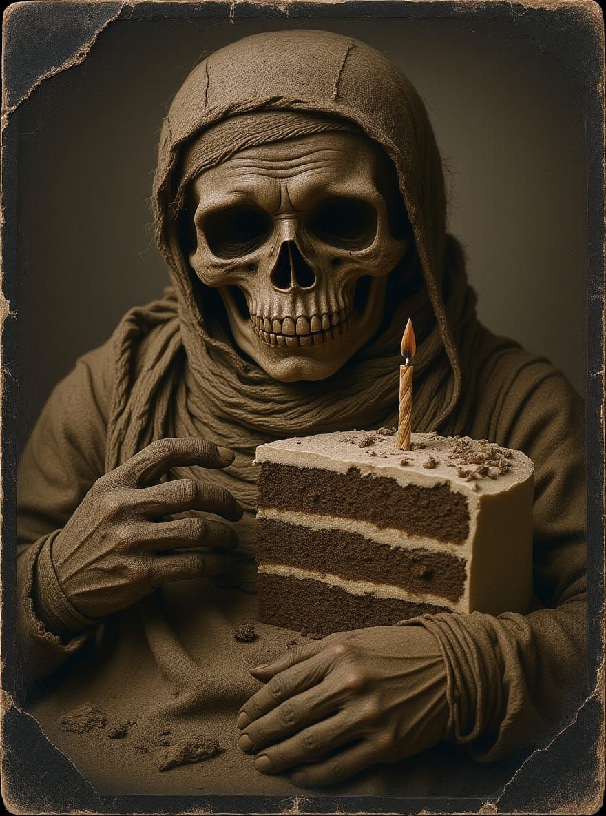 Eerie Mummy with Birthday Cake in Vintage Daguerreotype Styl...