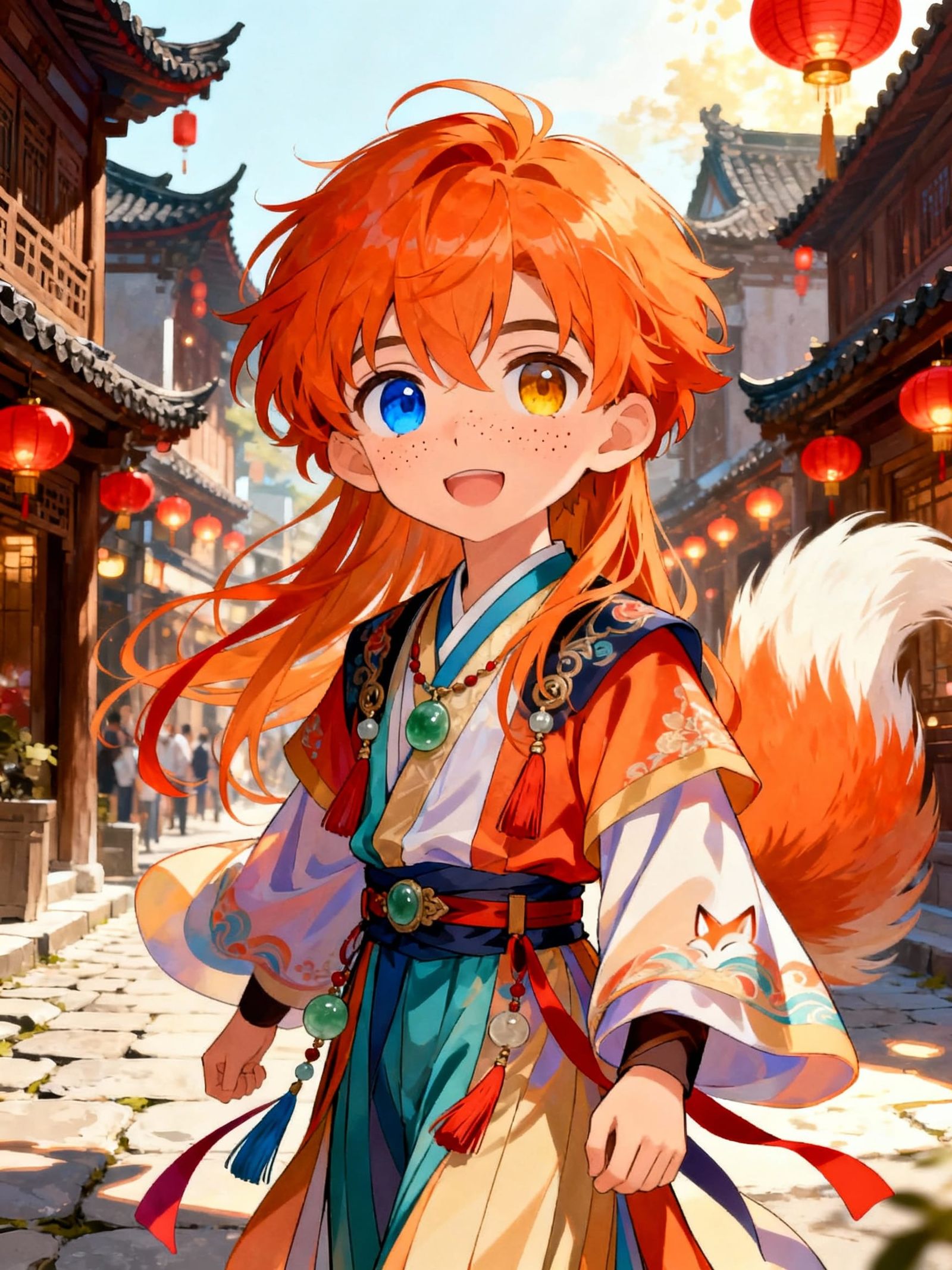 Anime Boy with Fox Tail in Ancient City