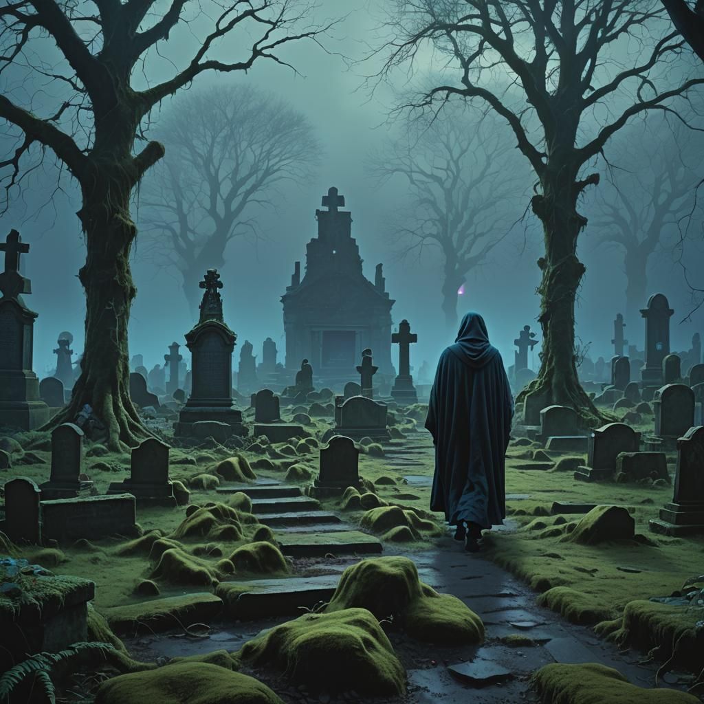 Cemetery Wanderer: Dark Fantasy Digital Art