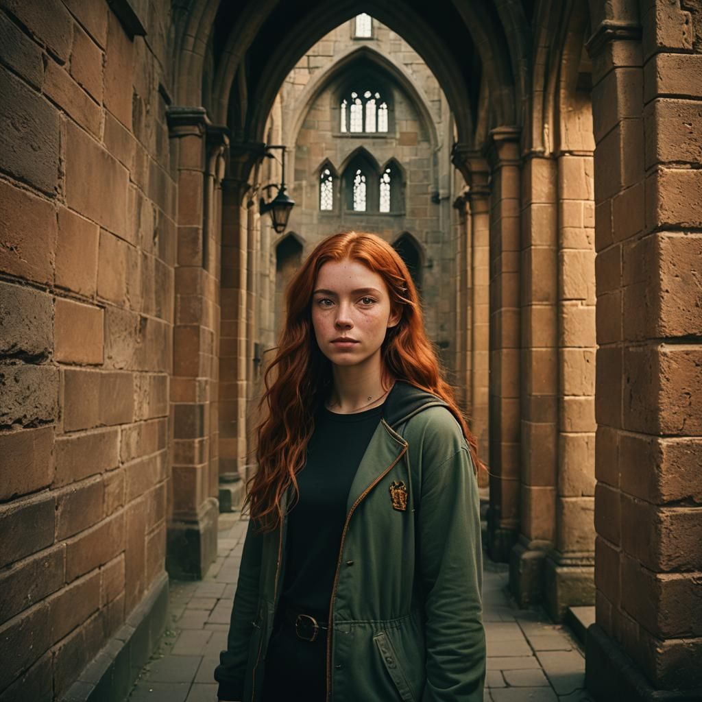 Red-Haired Girl in Hogwarts Corridor: Cinematic Film Still