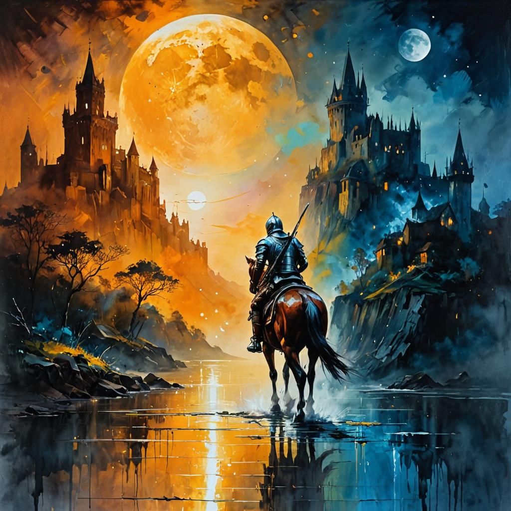 Knight on horse back silver armour moon lit night by Thomas Wells Schaller, Leonid Afremov, Carne Griffiths, Russ Mills,...