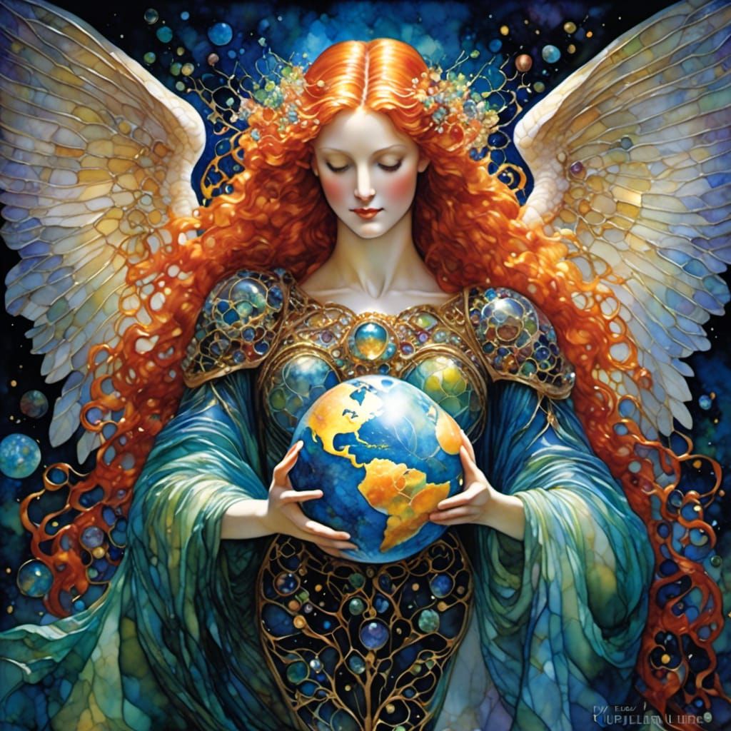 Marble Angel Holds Earth in Caring Hands