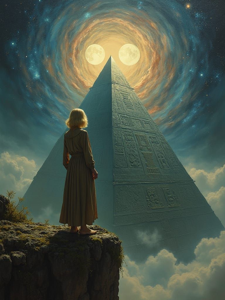 Woman Gazes at Cosmic Nebula by Ancient Pyramid