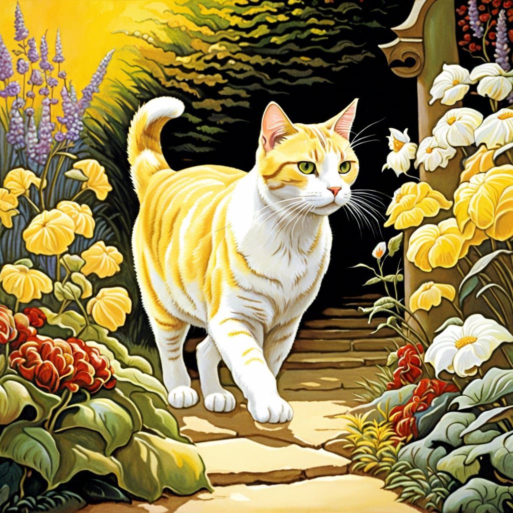 Beautiful yellow and white shorthaired cat walking, garden path, art by arthur rackham, by Julie Bell, garden path, back...