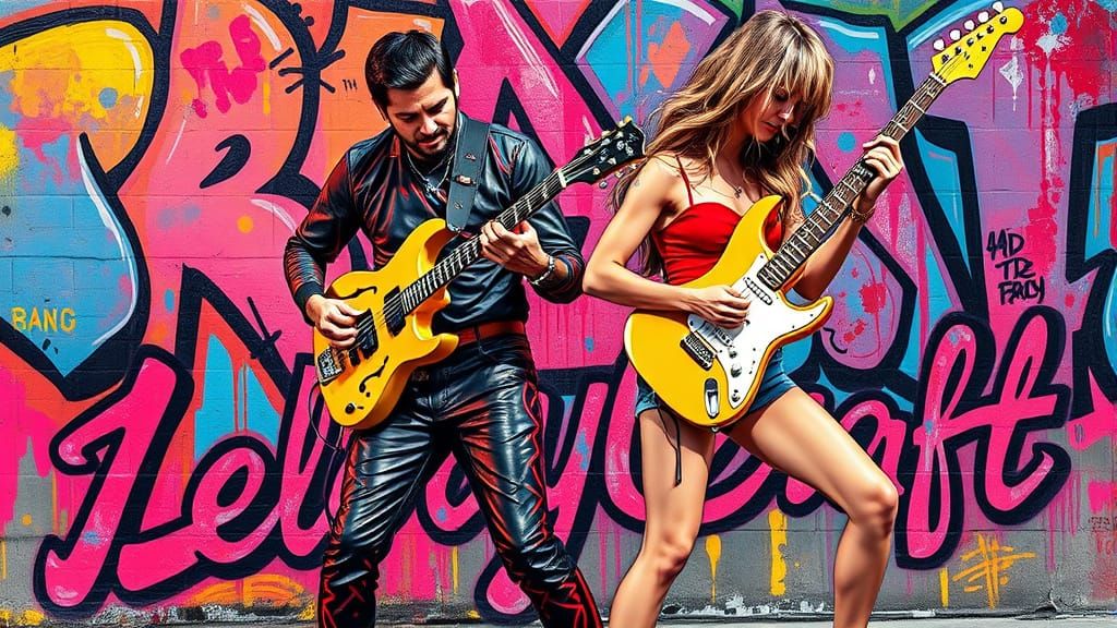 Musicians Playing Guitars in Graffiti Art Style