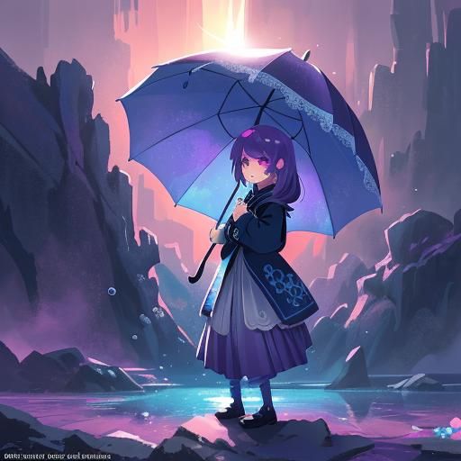 Girl with Blue Umbrella and Sunset Magic