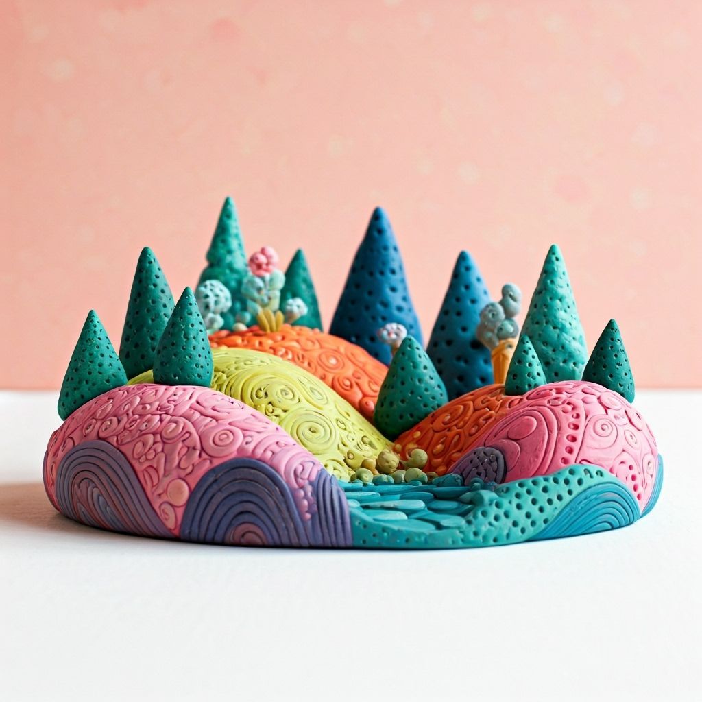 Colorful Clay Landscape Diorama with Folk Art Aesthetic