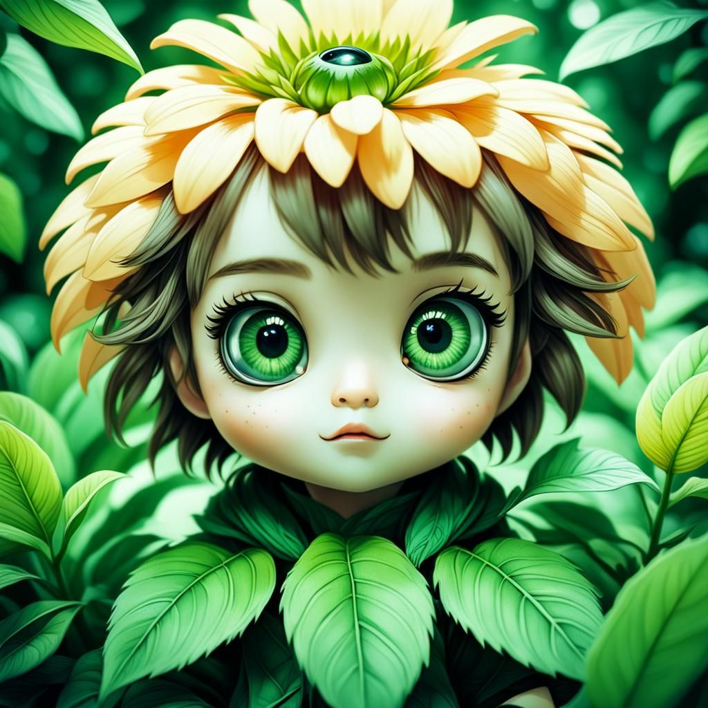 Adorable Chibi Baby Flower with Green Leaves